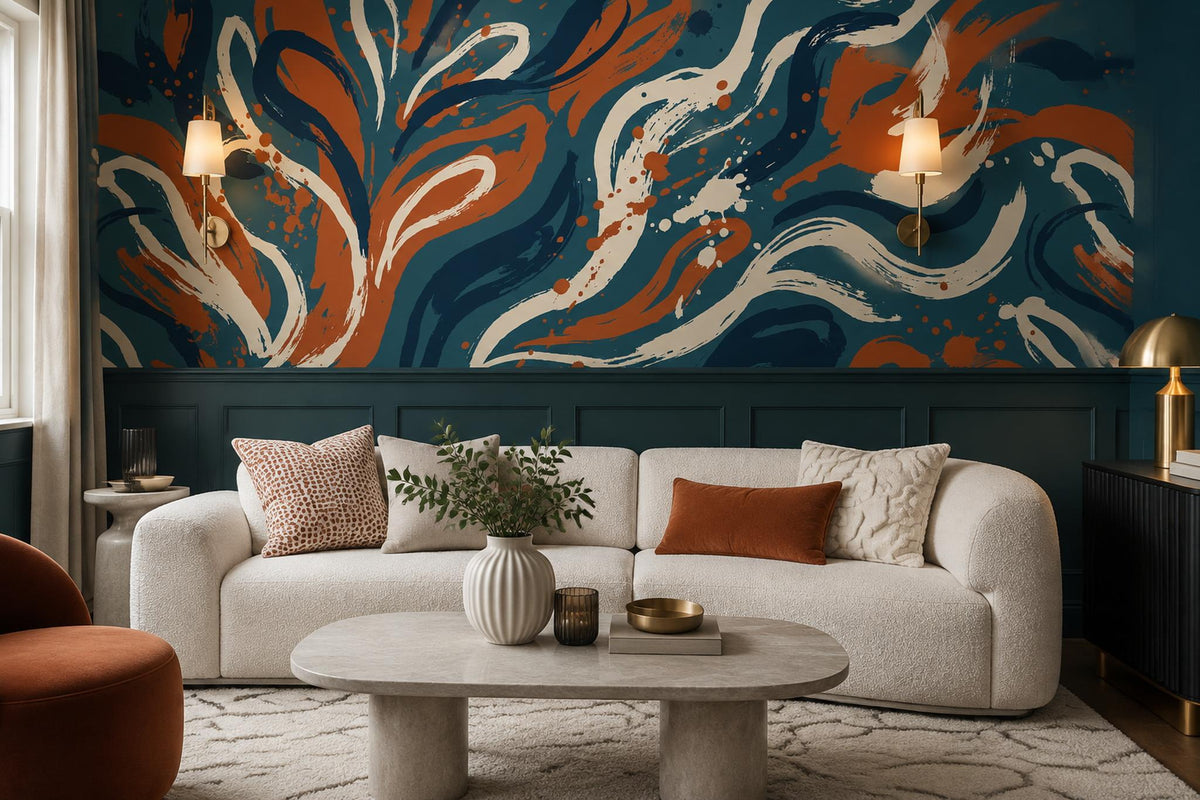 Navy Rust Flowing Abstract Wallpaper Mural interior view