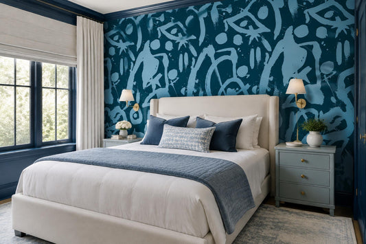 Navy Blue Graffiti Symbols Wallpaper Mural room scene