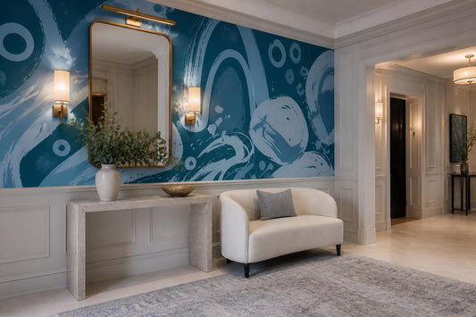 Navy Blue Fluid Abstract Swirls Wallpaper Mural room scene