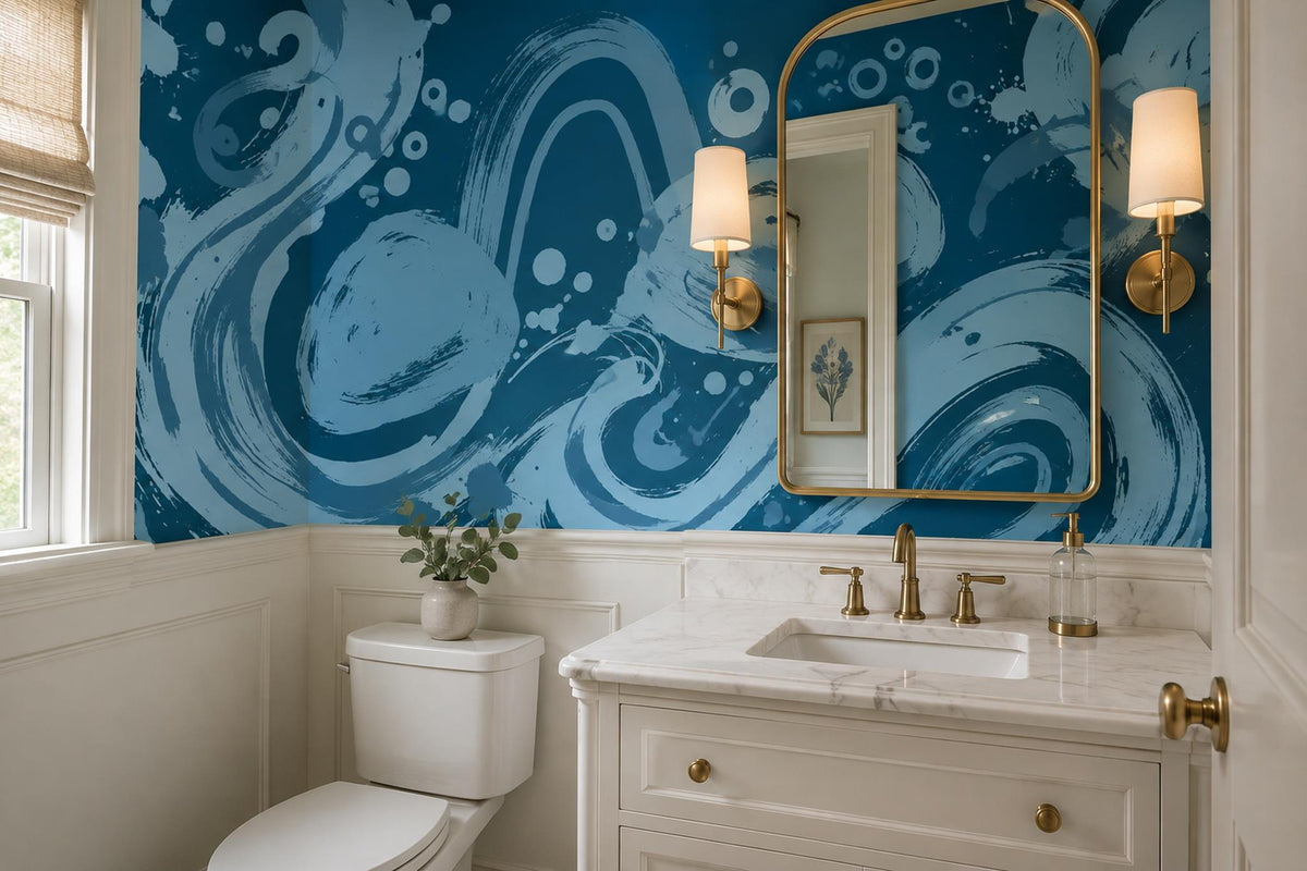 Navy Blue Fluid Abstract Swirls Wallpaper Mural interior view