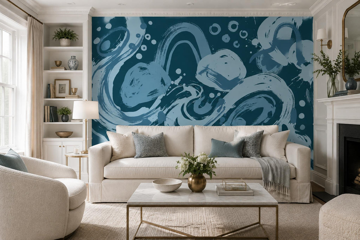 Navy Blue Fluid Abstract Swirls Wallpaper Mural interior view