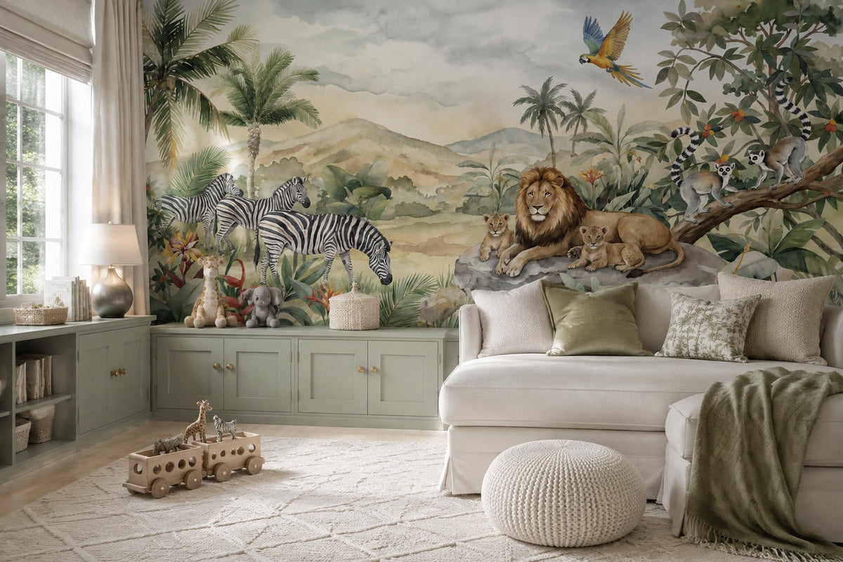Green Safari Animals Wallpaper Mural room scene