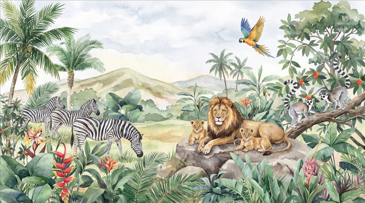 Green Safari Animals Wallpaper Mural design detail