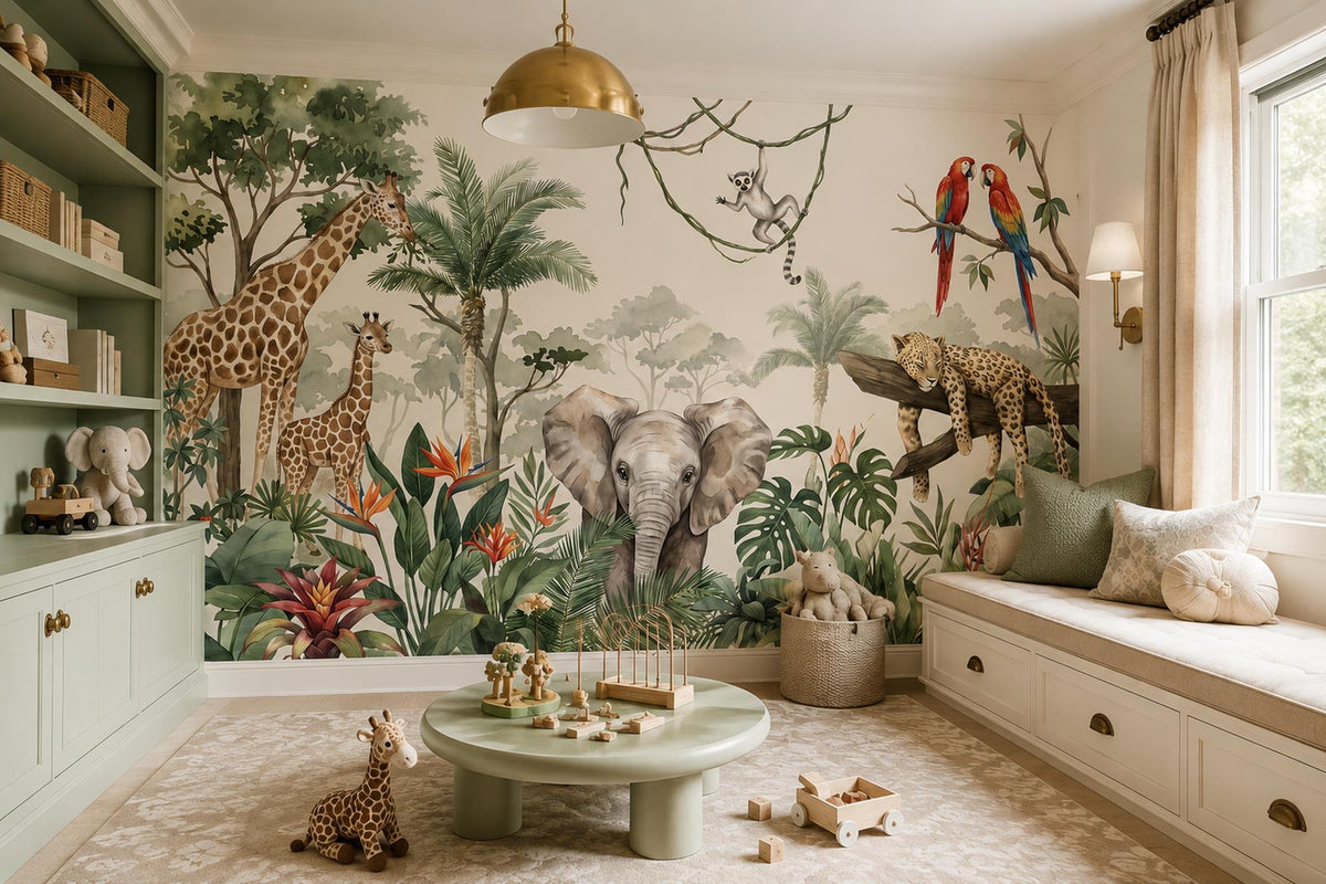 Green Giraffes Elephants Jungle Wallpaper Mural room scene