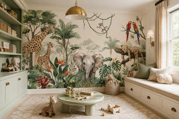 Green Giraffes Elephants Jungle Wallpaper Mural