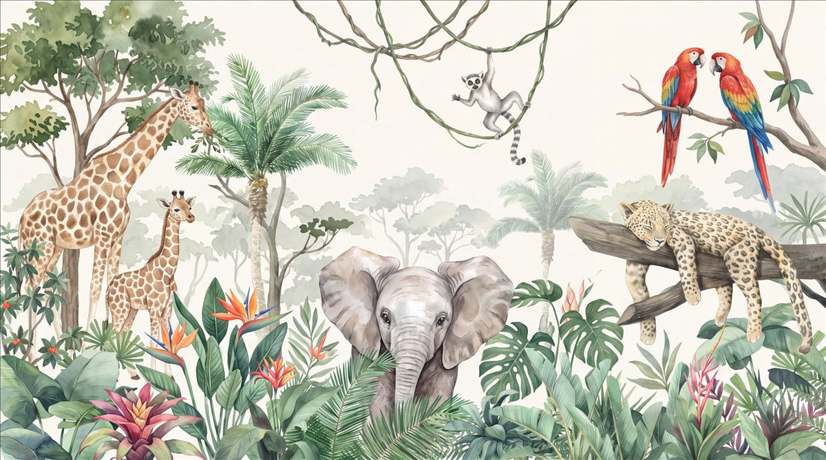 Green Giraffes Elephants Jungle Wallpaper Mural