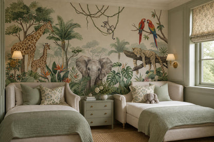 Green Giraffes Elephants Jungle Wallpaper Mural interior view