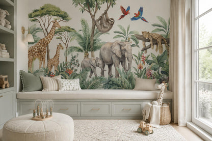 Whimsical Safari Animals Nursery Wallpaper Mural room scene