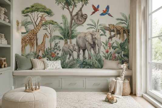 Whimsical Safari Animals Nursery Wallpaper Mural room scene
