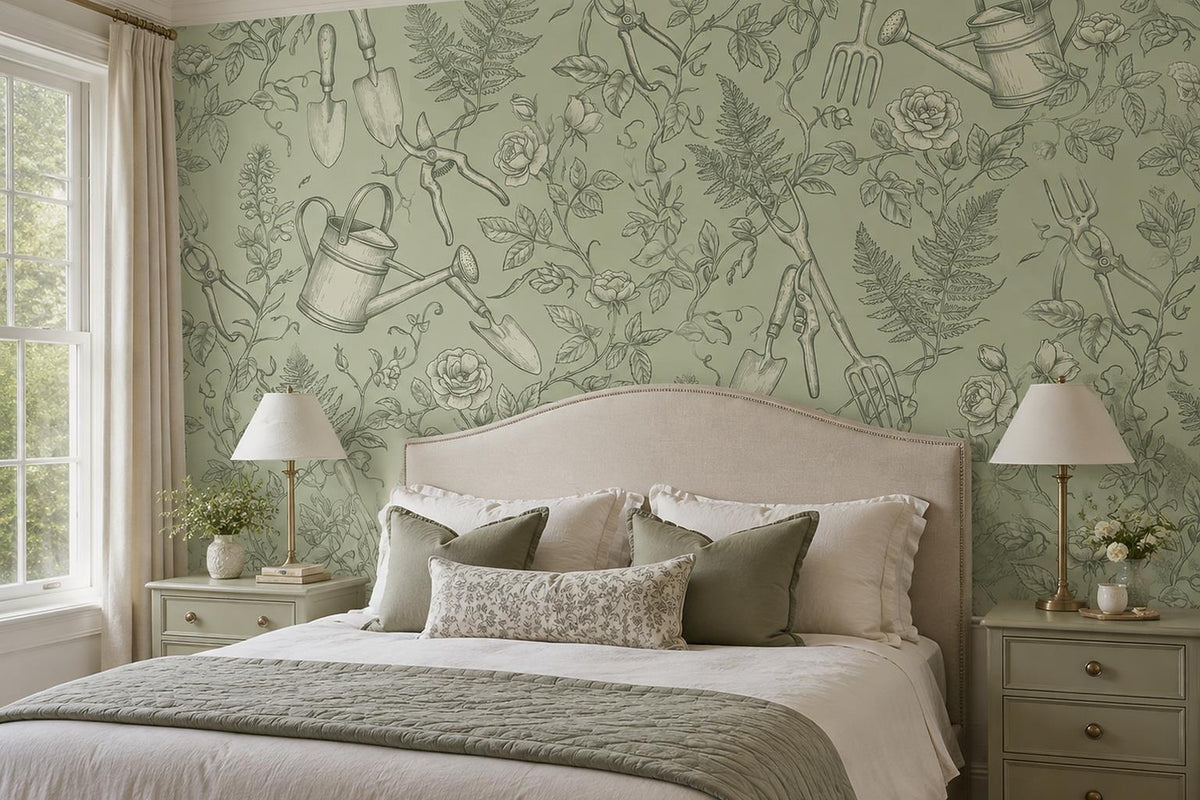Sage Garden Tools and Leaves Wallpaper Mural room scene