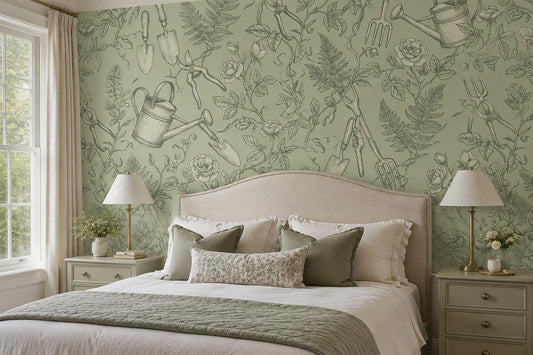Sage Garden Tools and Leaves Wallpaper Mural room scene