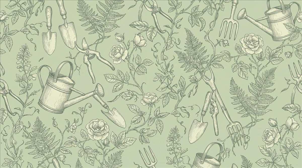 Sage Garden Tools and Leaves Wallpaper Mural design detail