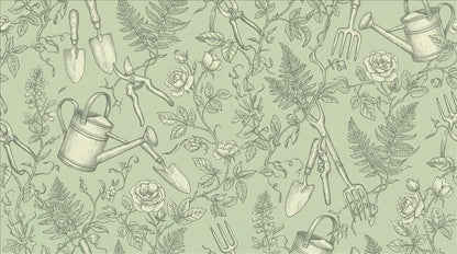 Sage Garden Tools and Leaves Wallpaper Mural design detail