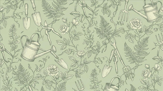 Sage Garden Tools and Leaves Wallpaper Mural design detail