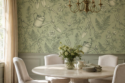 Sage Garden Tools and Leaves Wallpaper Mural interior view