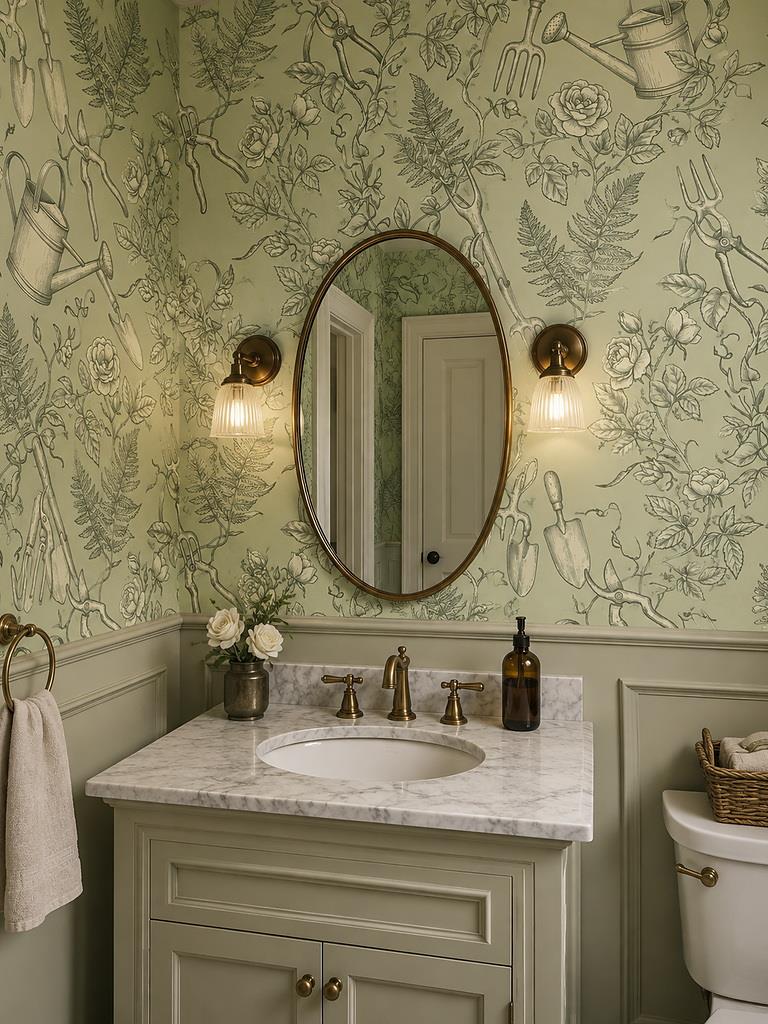 Sage Garden Tools and Leaves Wallpaper Mural interior view