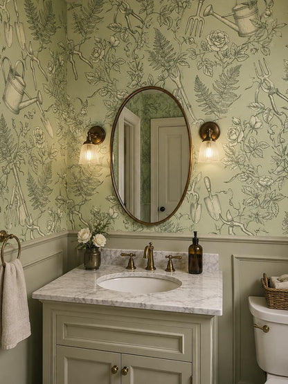 Sage Garden Tools and Leaves Wallpaper Mural interior view
