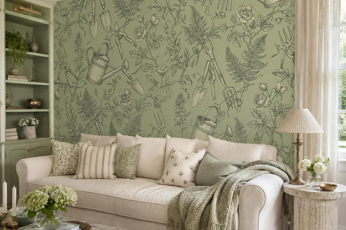 Sage Garden Tools and Leaves Wallpaper Mural interior view