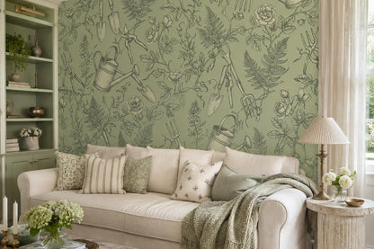 Sage Garden Tools and Leaves Wallpaper Mural interior view
