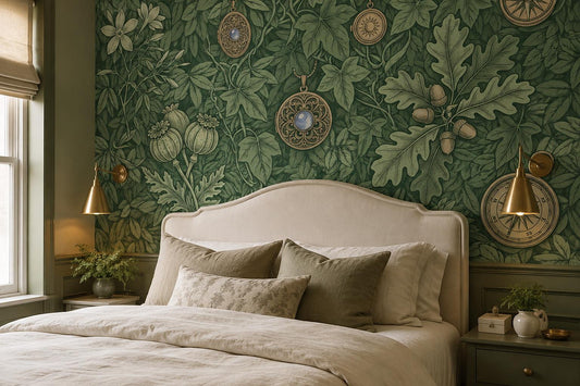 Forest Green Botanical Medallions Wallpaper Mural room scene