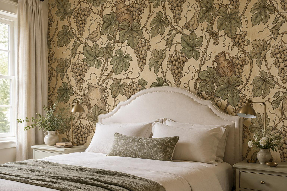 Vintage Grapevines and Wine Vessels Wallpaper Mural room scene