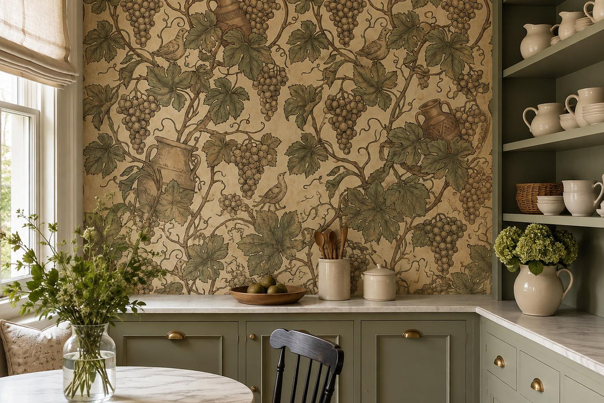 Vintage Grapevines and Wine Vessels Wallpaper Mural interior view