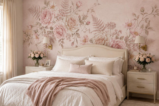 Blush Roses Ferns and Blossoms Wallpaper Mural room scene