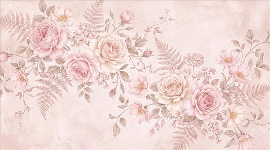 Blush Roses Ferns and Blossoms Wallpaper Mural design detail
