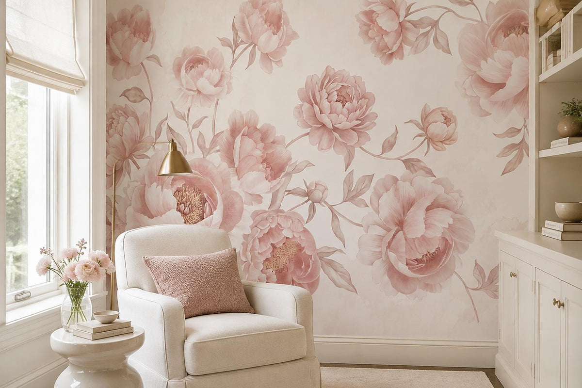 Large Blush Peony Blossoms Wallpaper Mural interior view