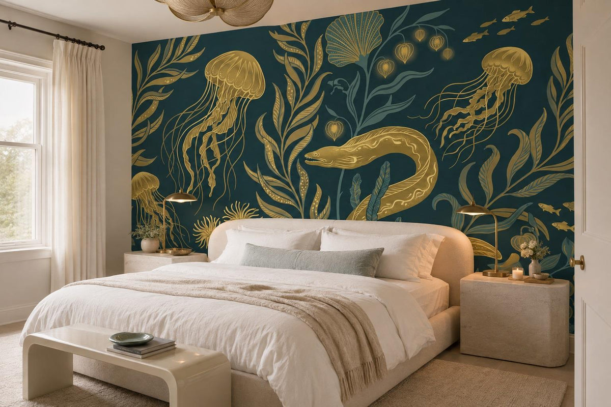 Teal Jellyfish and Sea Life Wallpaper Mural room scene