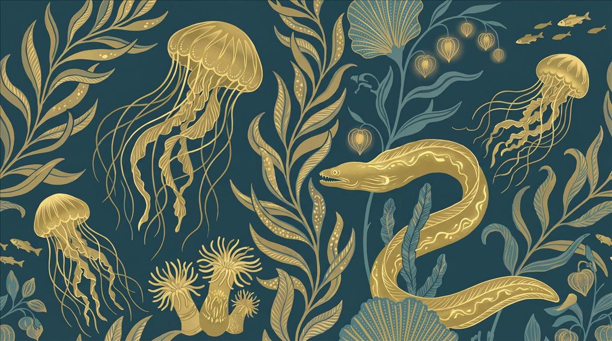 Teal Jellyfish and Sea Life Wallpaper Mural design detail