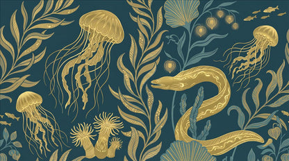 Teal Jellyfish and Sea Life Wallpaper Mural design detail