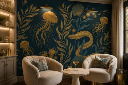 Teal Jellyfish and Sea Life Wallpaper Mural interior view
