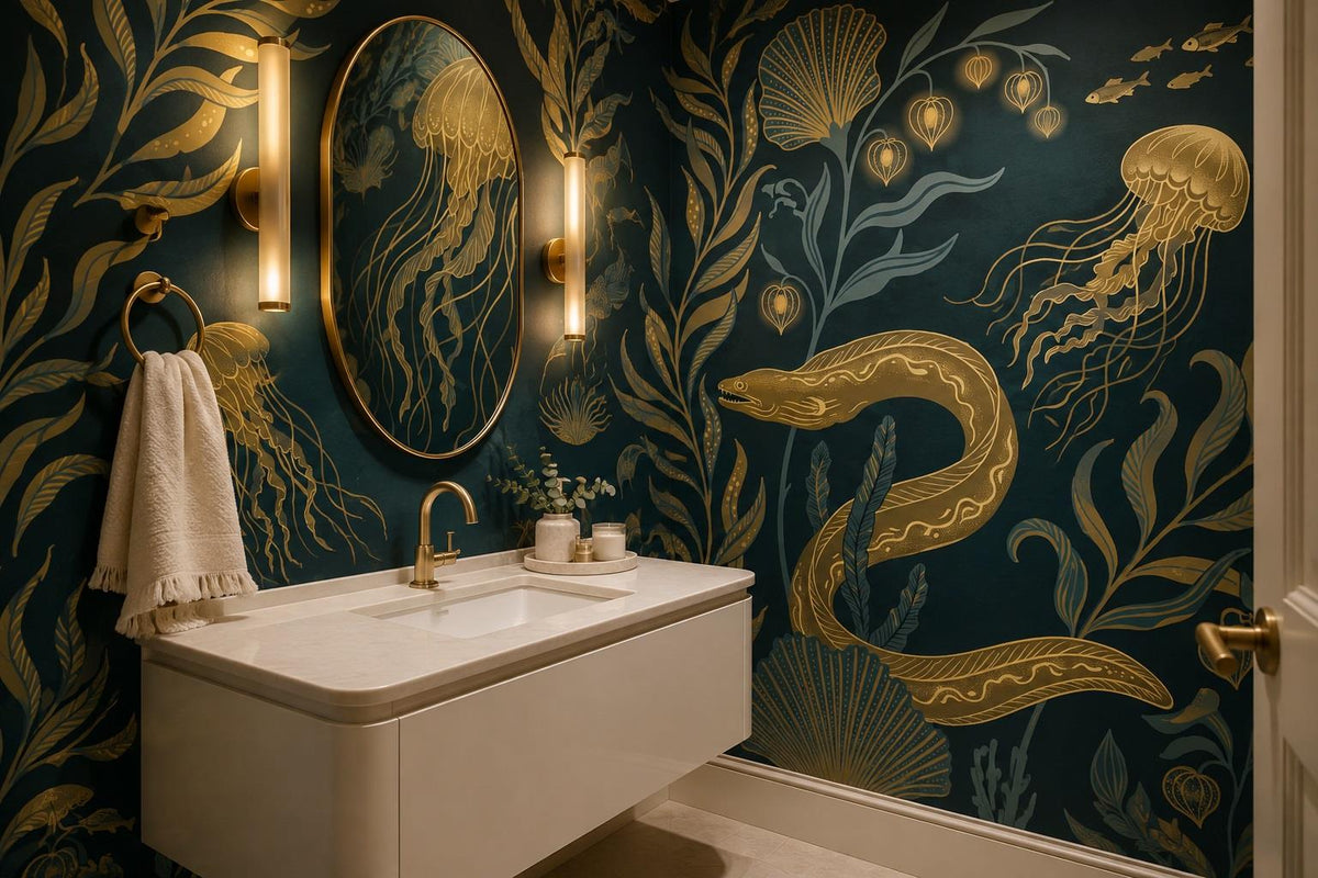 Teal Jellyfish and Sea Life Wallpaper Mural interior view