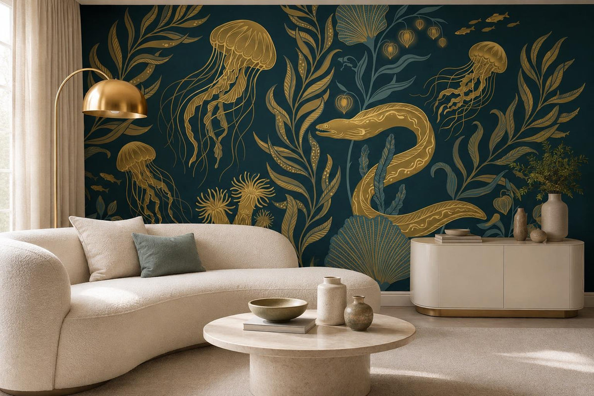 Teal Jellyfish and Sea Life Wallpaper Mural interior view