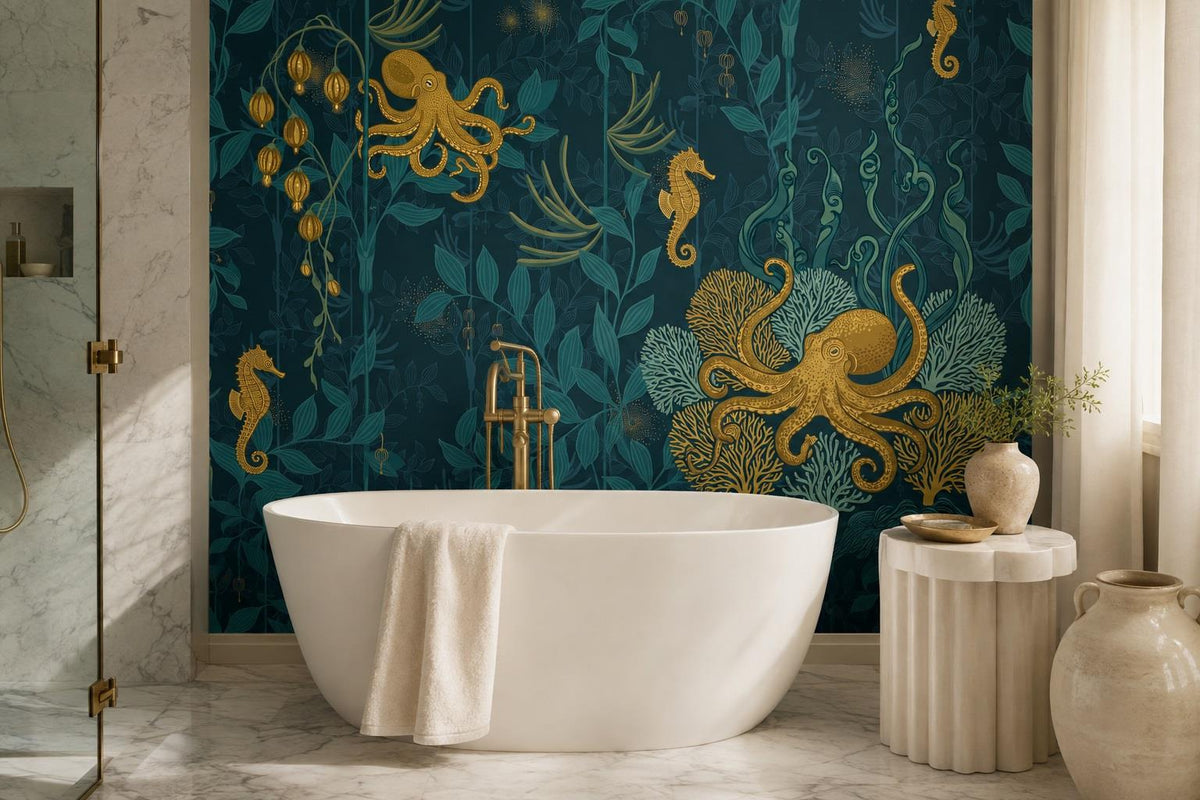 Deep Teal Octopus and Seahorses Wallpaper Mural room scene