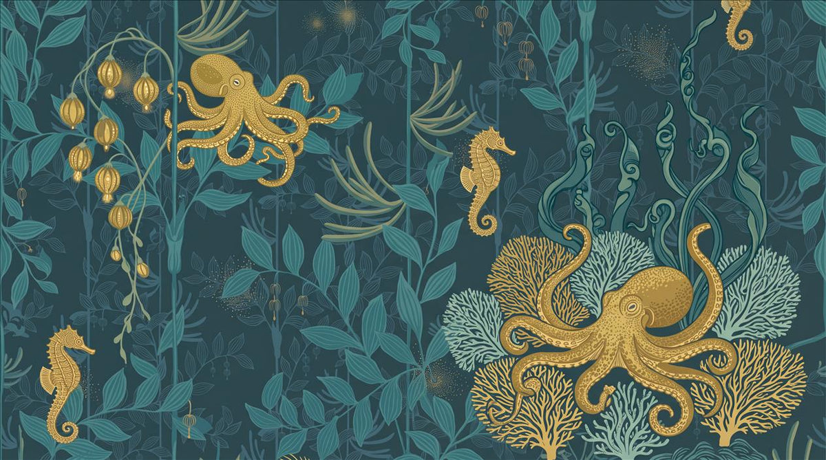 Deep Teal Octopus and Seahorses Wallpaper Mural