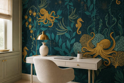 Deep Teal Octopus and Seahorses Wallpaper Mural interior view
