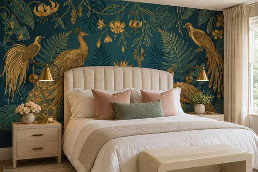 Deep Teal Golden Peacocks Wallpaper Mural room scene