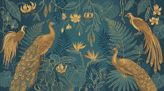 Deep Teal Golden Peacocks Wallpaper Mural design detail