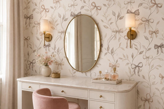 Ivory Leafy Bows Nursery Wallpaper Mural room scene
