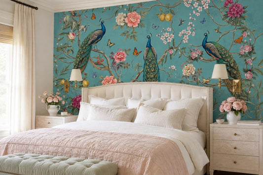 Turquoise Peacocks and Blossoms Wallpaper Mural room scene