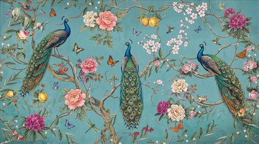 Turquoise Peacocks and Blossoms Wallpaper Mural design detail