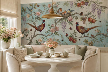 Pheasants and Roses Aqua Wallpaper Mural