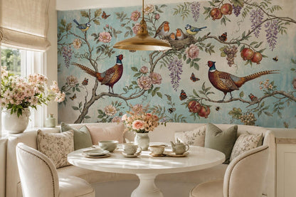 Pheasants and Roses Aqua Wallpaper Mural 1