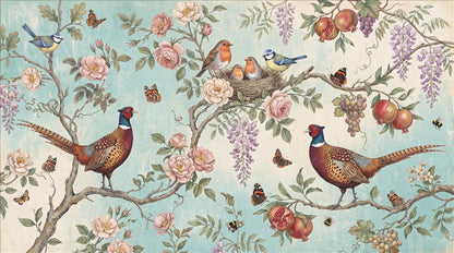 Pheasants and Roses Aqua Wallpaper Mural 2