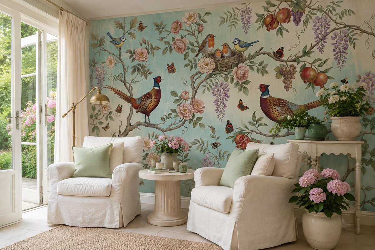 Pheasants and Roses Aqua Wallpaper Mural 3