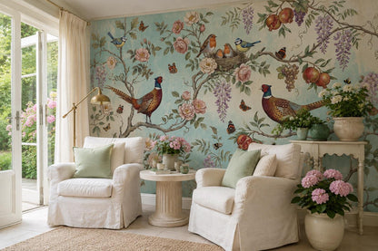 Pheasants and Roses Aqua Wallpaper Mural 3
