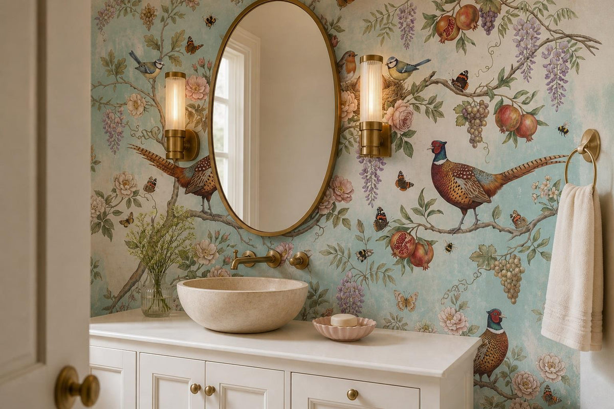 Pheasants and Roses Aqua Wallpaper Mural 4