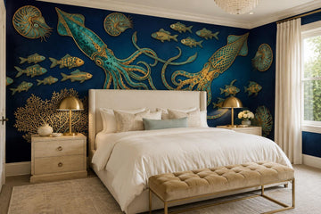 Navy Giant Squid and Fish Wallpaper Mural